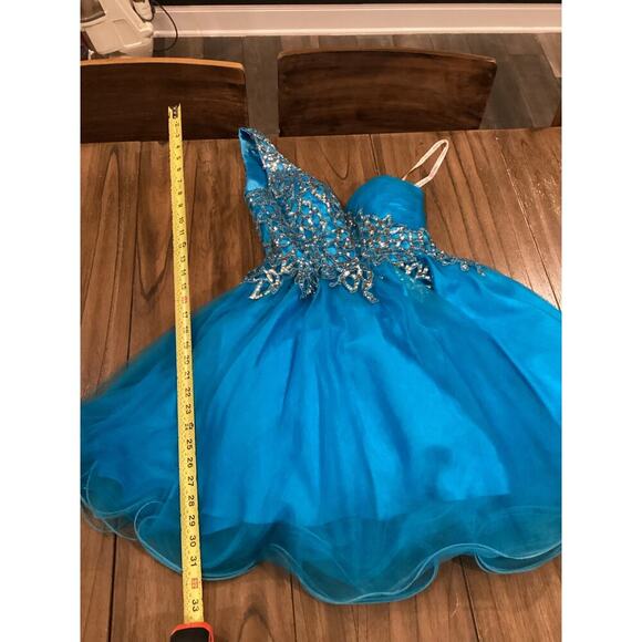 Sherri Hill Short Turquoise One Shoulder Prom glam Homecoming Balloon Dress 4 - Picture 3 of 11
